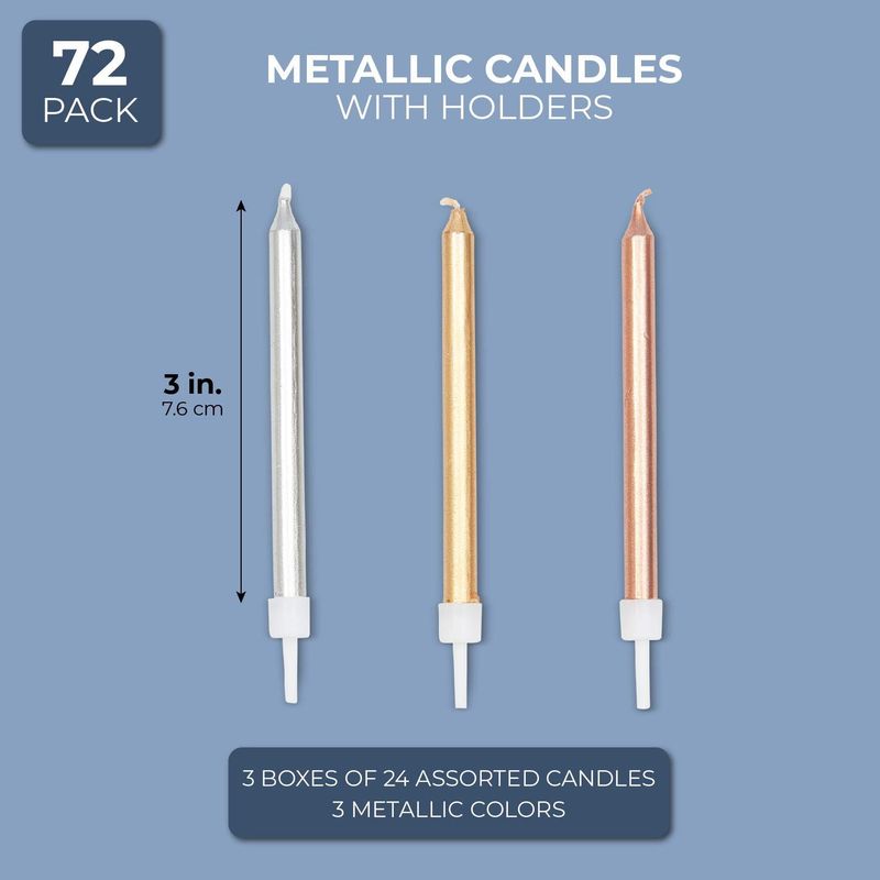 Metallic Birthday Cake Candles with Holders (3 Colors, 48 Pack)