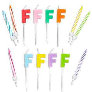 Blue Panda Birthday Cake Candles Set (96 Count) Letter F and Colored Stripes