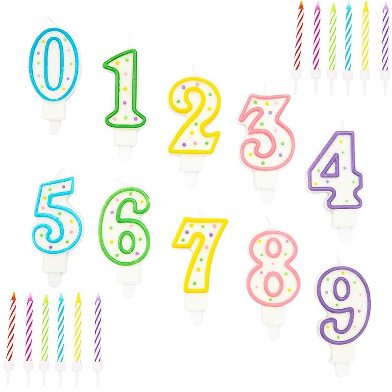 Rainbow Striped 0-9 Number Birthday Cake Candles Set in Holders (154 Pack)