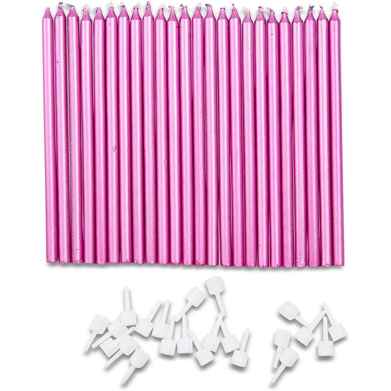 Mermaid Tail Cake Topper with Thin Candles in Holders (Pink Metallic, 28 Pack)
