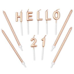 Hello 21 Cake Topper and Thin Candles in Holders (Rose Gold, 31 Pieces)