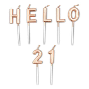 Hello 21 Cake Topper and Thin Candles in Holders (Rose Gold, 31 Pieces)