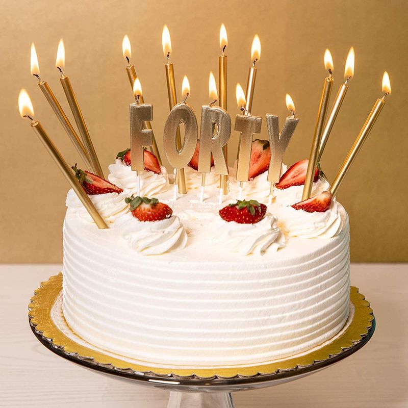 Gold Forty 40th Birthday Cake Candles with Holders (29 Pack)