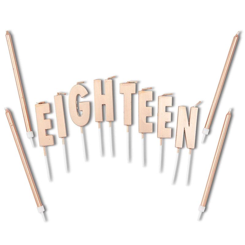 Eighteen Birthday Cake Topper Letters with Thin Candles and Holders (32 Pack)