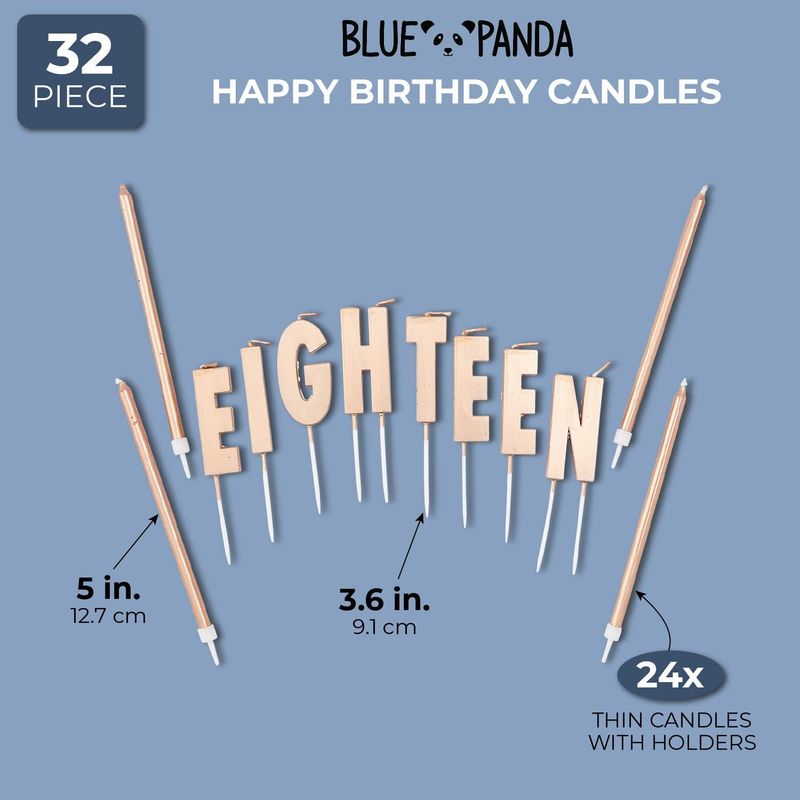 Eighteen Birthday Cake Topper Letters with Thin Candles and Holders (32 Pack)