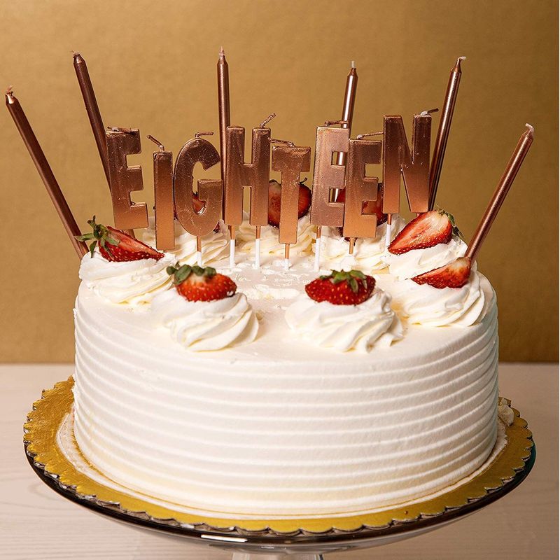 Eighteen Birthday Cake Topper Letters with Thin Candles and Holders (32 Pack)