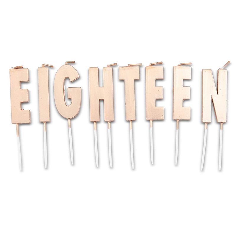 Eighteen Birthday Cake Topper Letters with Thin Candles and Holders (32 Pack)