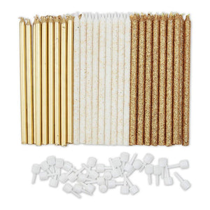 Metallic Glitter Birthday Cake Long Thin Candles with Holders (3 Colors, 48 Pack)