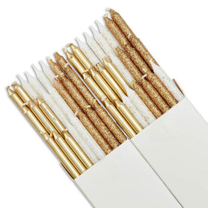 Metallic Glitter Birthday Cake Long Thin Candles with Holders (3 Colors, 48 Pack)