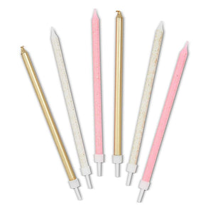 Metallic Glitter Long Thin Birthday Cake Candles with Holders (5 In, 48 Pack)