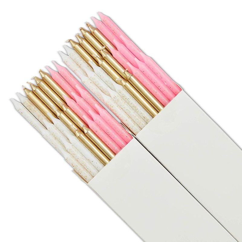 Metallic Glitter Long Thin Birthday Cake Candles with Holders (5 In, 48 Pack)