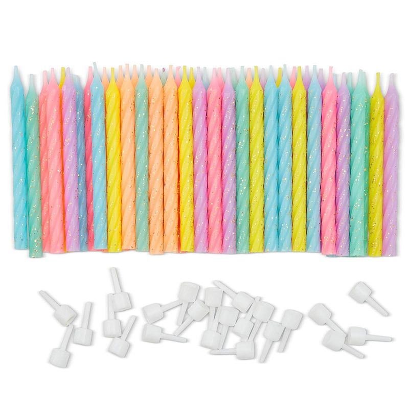 2 Boxes of 24 Pack Pastel Colors with Gold Glitter Candles in 3 inch, 6 Color Assorted, with Holders