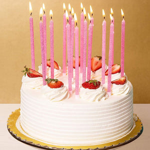 Pink Glitter Long Thin Birthday Cake Candles in Holders (5 In, 48 Pack)
