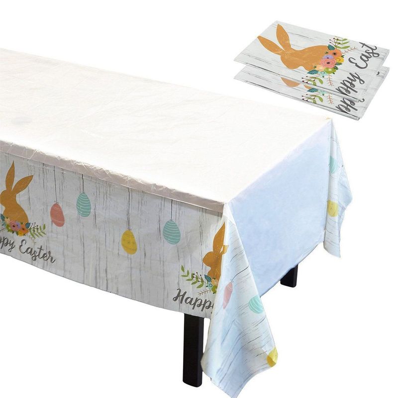 Happy Easter Plastic Party Tablecloth with Bunny Rabbit (54 x 108 Inches, 3 Pack)