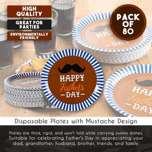 Happy Father's Day Paper Plates, Mustache Design (9 Inches, 80 Pack)