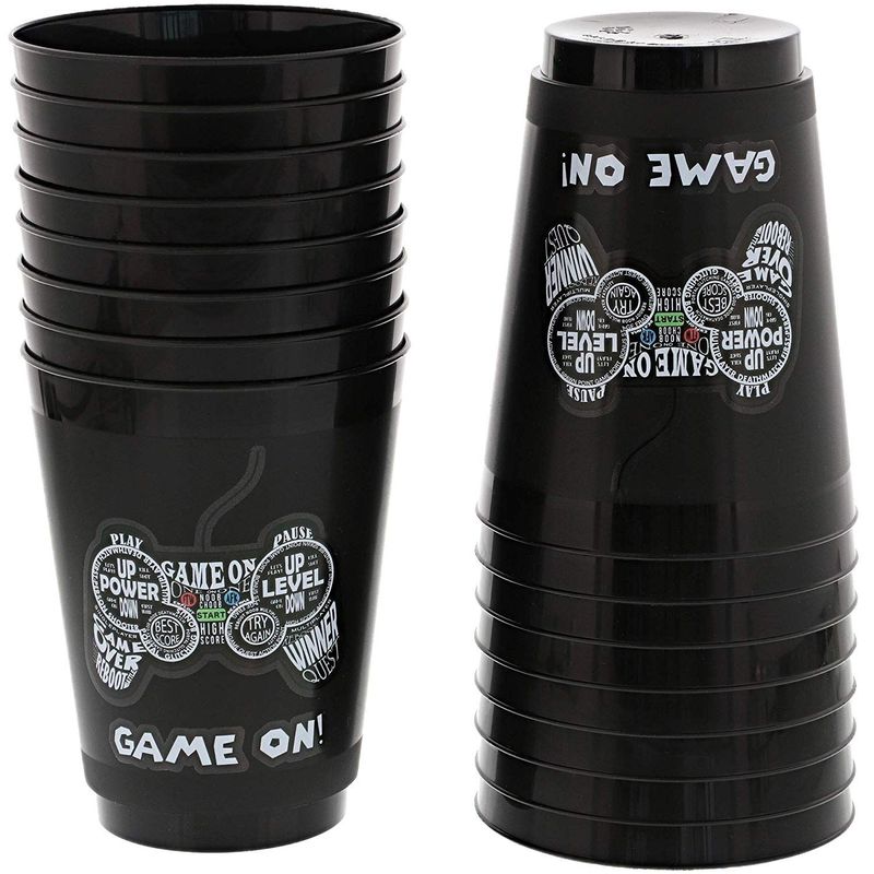 Video Game Party Cups for Kids Birthday (16 oz, Black, 16 Pack)