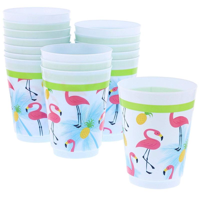 Blue Panda 16 Packs Plastic 16 oz Party Cups Tropical Flamingo Reusable Tumblers for Kids Girls Birthday Parties
