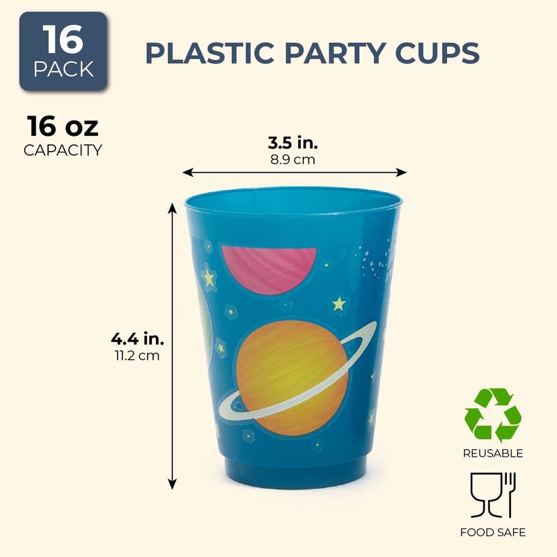 Blue Panda Plastic Party Cups 16 Pack - Outer Space Reusable Tumblers - 16 oz