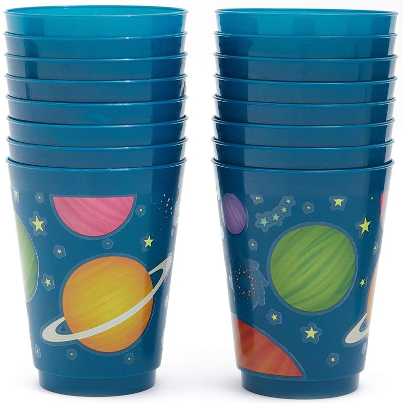 Blue Panda Plastic Party Cups 16 Pack - Outer Space Reusable Tumblers - 16 oz