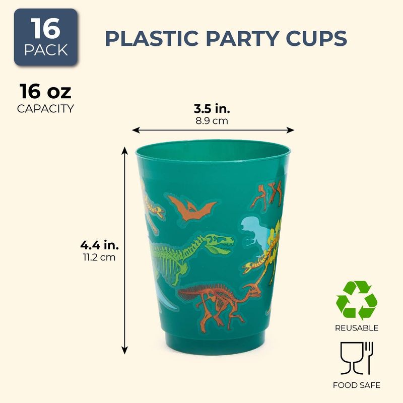 Plastic Tumbler Cups for Dinosaur Birthday Party (16 Ounces, 16 Pack)