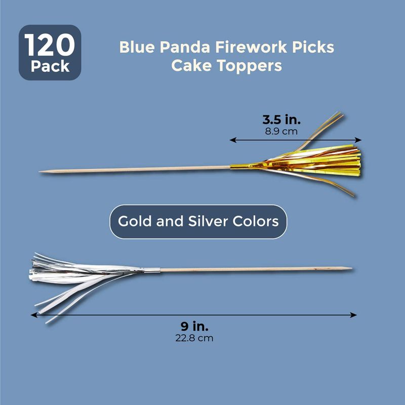 Blue Panda Firework Picks Cupcake Toppers (120 Pack), Gold and Silver