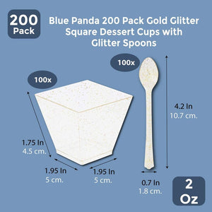 Gold Glitter Square Dessert Cups with Spoons for Birthdays, Wedding, Parties (2 oz, 200 Pack)