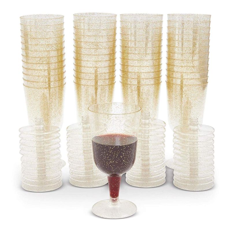 Gold Glitter Plastic Wine Glasses (7 oz, 50 Pack)