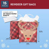 Reindeer Christmas Gift Bags with Tissue Paper, Holiday Wrapping (Red, 15 Pack)