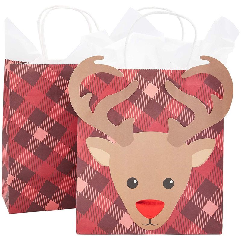 Reindeer Christmas Gift Bags with Tissue Paper, Holiday Wrapping (Red, 15 Pack)