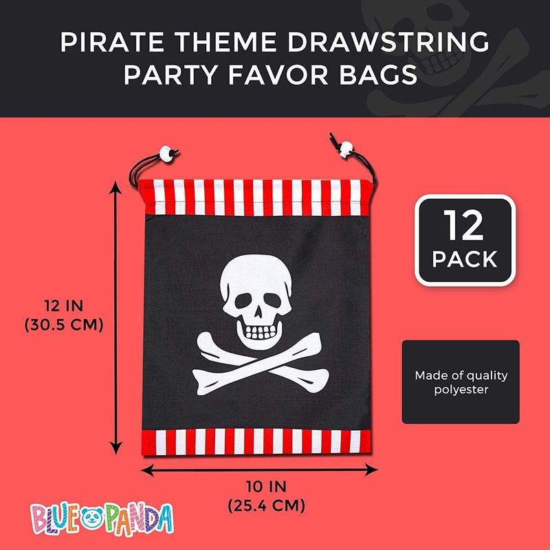 Pirate Skull Drawstring Party Favor Bags for Kids (10 x 12 in, 12 Pack)