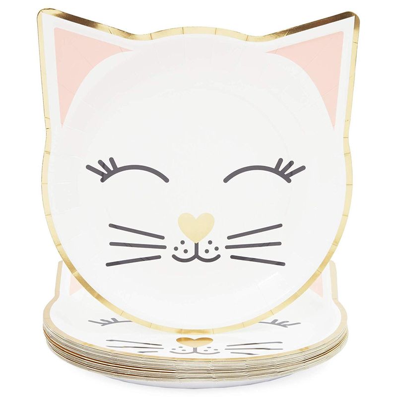 Cat Themed Party Packs for Birthday Party Supplies (White, Gold Foil, Serves 24)