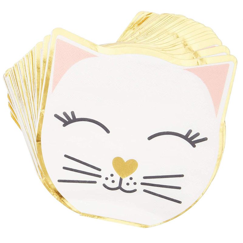 50 Pack of Cat Shaped Napkins for Parties (6.4 x 6.4 in, White and Gold Foil)