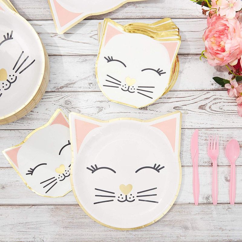50 Pack of Cat Shaped Napkins for Parties (6.4 x 6.4 in, White and Gold Foil)