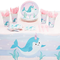 Narwhal Party Pack, Plates, Napkins, Cups, Cutlery, Tablecloth (Serves 24, 145 Pieces)