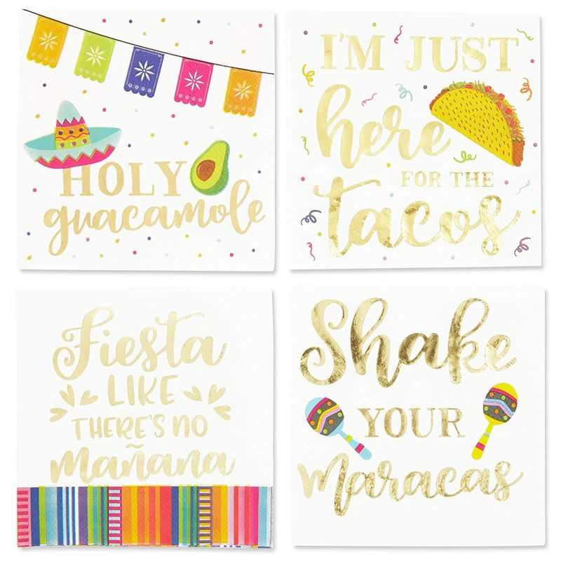 Cinco De Mayo Napkins with Gold Foil for Fiestas (5 x 5 In, 4 Designs, 100 Pack)