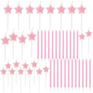 Neon Pink Star Birthday Cake Candles with Holders (48 Pack)