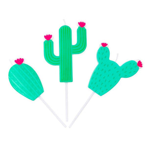 Blue Panda Cactus Birthday Cake Topper with Long Thin Candles in Holders (5.6 in, 27 Pack)
