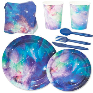 Galaxy Party Pack, Paper Plates, Plastic Cutlery, Cups, and Napkins (Serves 24, 168 Pieces)