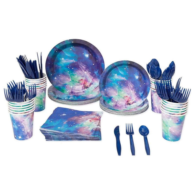 Galaxy Party Pack, Paper Plates, Plastic Cutlery, Cups, and Napkins (Serves 24, 168 Pieces)