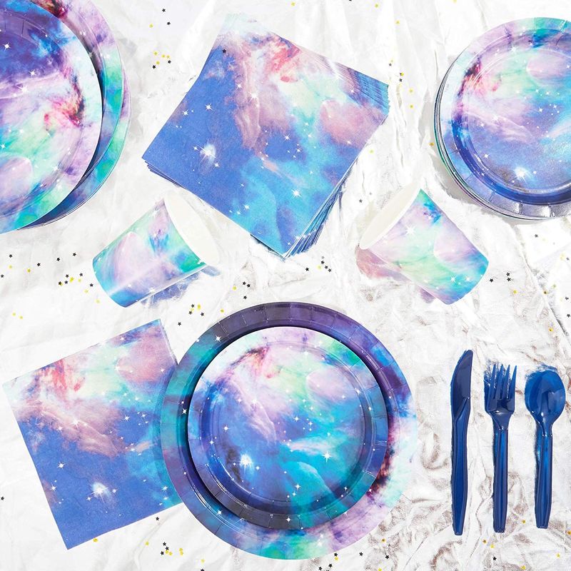 Galaxy Party Pack, Paper Plates, Plastic Cutlery, Cups, and Napkins (Serves 24, 168 Pieces)