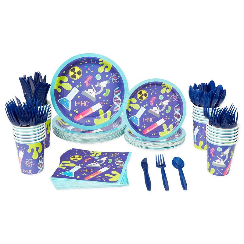 Science Lab Party Pack, Paper Plates, Plastic Cutlery, Cups, and Napkins (Serves 24, 168 Pieces)