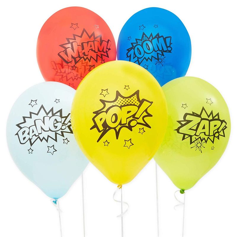 Comic Book Hero Themed Birthday Balloons for Kids (12 In, 5 Colors, 50 Pack)