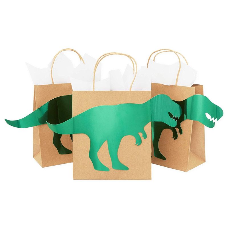 Dinosaur Party Favor Bags for Kids Birthday (8 x 9 in, Green Foil, 24 Pack)