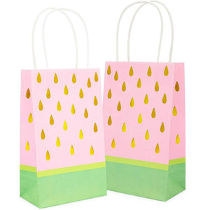 Watermelon Birthday Party Favor Gift Bags with Handles (9 x 5 x 3 in, Pink with Gold Foil)