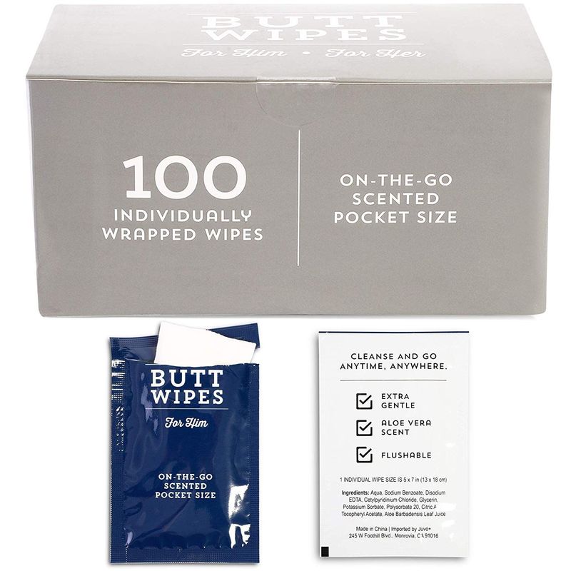 Butt Wipes for Men Individually Wrapped Flushable Wet Wipes, Aloe Vera Scented (100 Pack)