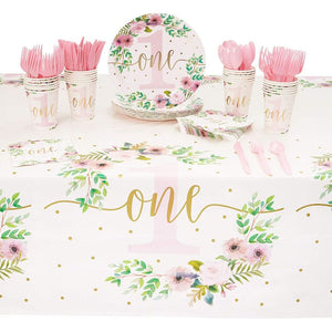 1st Birthday Party Supplies, Dinnerware and Tablecloth (Serves 24, 145 Pieces)