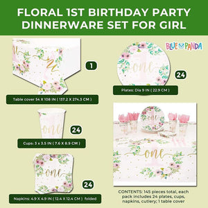 1st Birthday Party Supplies, Dinnerware and Tablecloth (Serves 24, 145 Pieces)