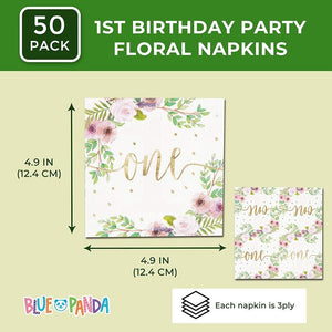 1st Birthday Party Supplies, Floral Napkins (4.9 x 4.9 Inches, 50 Pack)