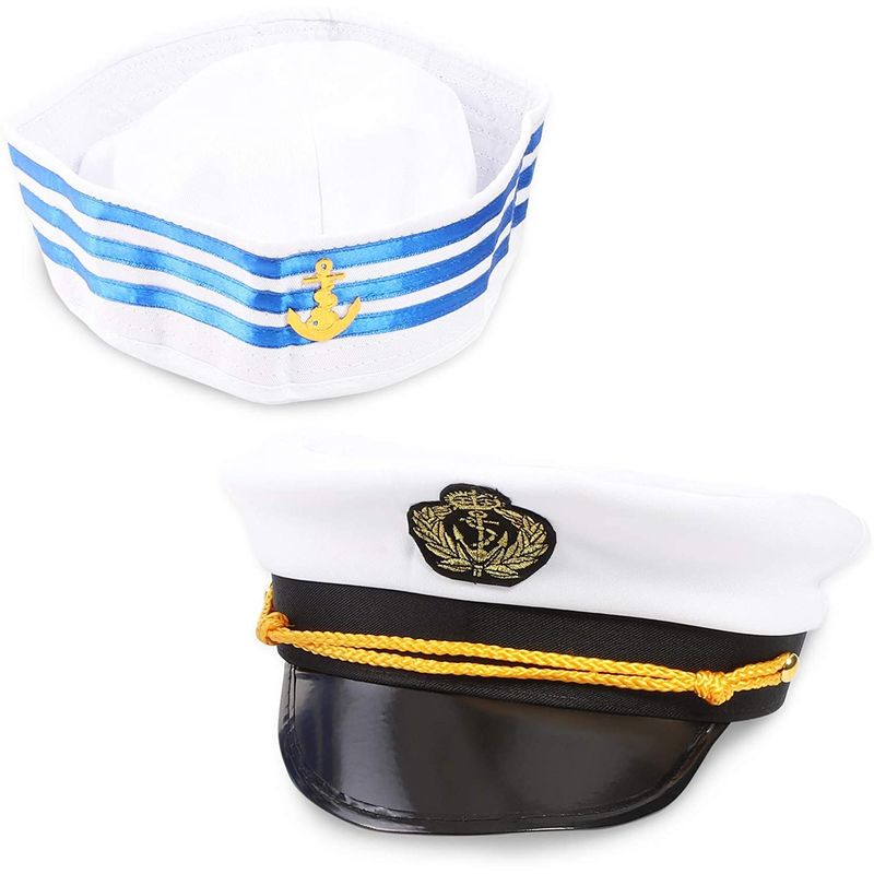 Blue Panda Yacht Captain and Sailor Hat, Halloween Costume Supplies (White, 2 Pieces)