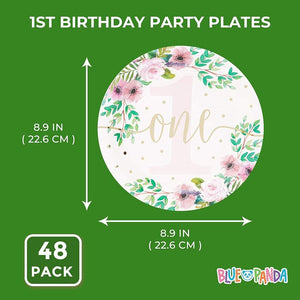 Baby Girls 1st Birthday Party Supplies, Floral Paper Plates (9 in., 48 Pack)